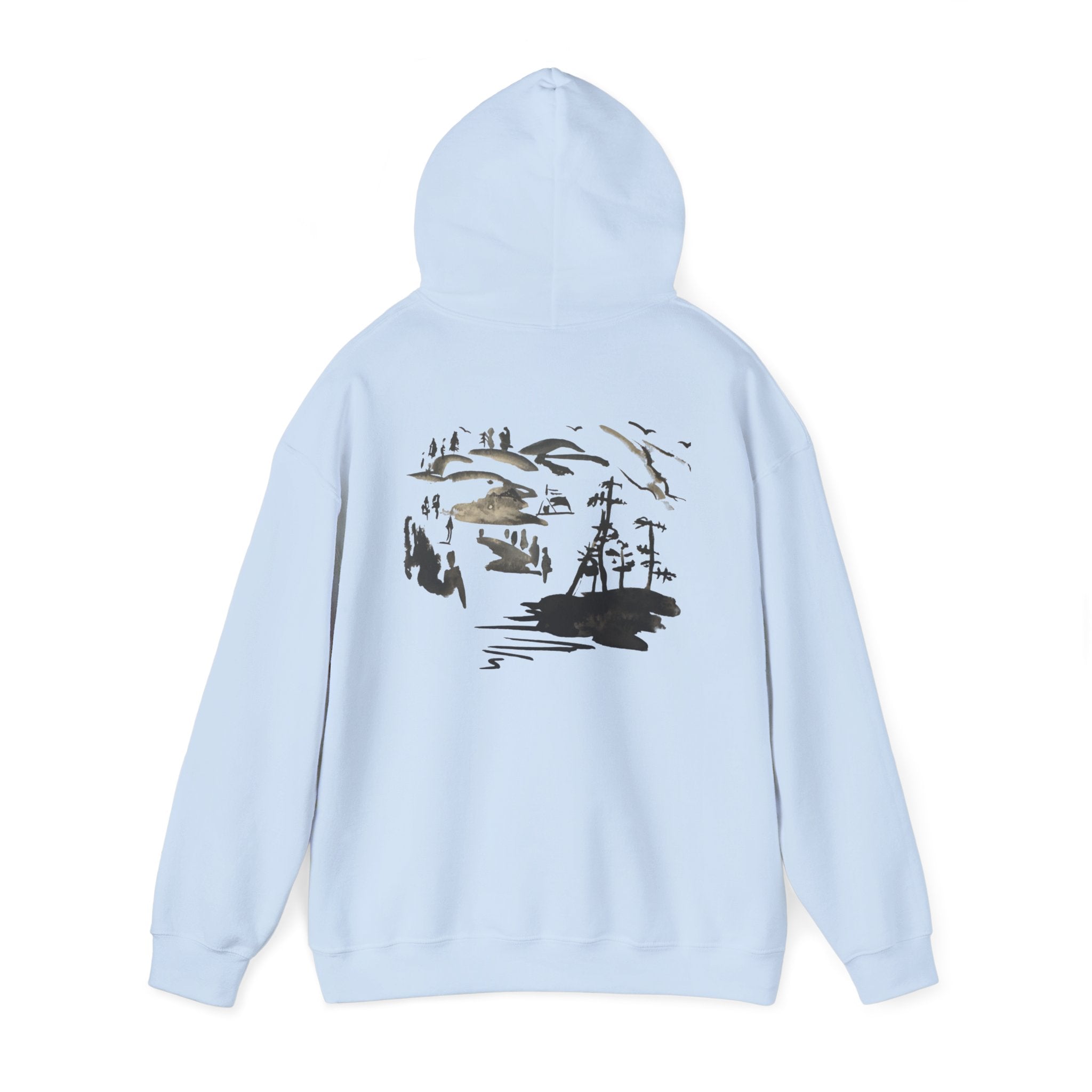 Scenic Ink Nature Hoodie — Minimal Lake & Mountains Graphic