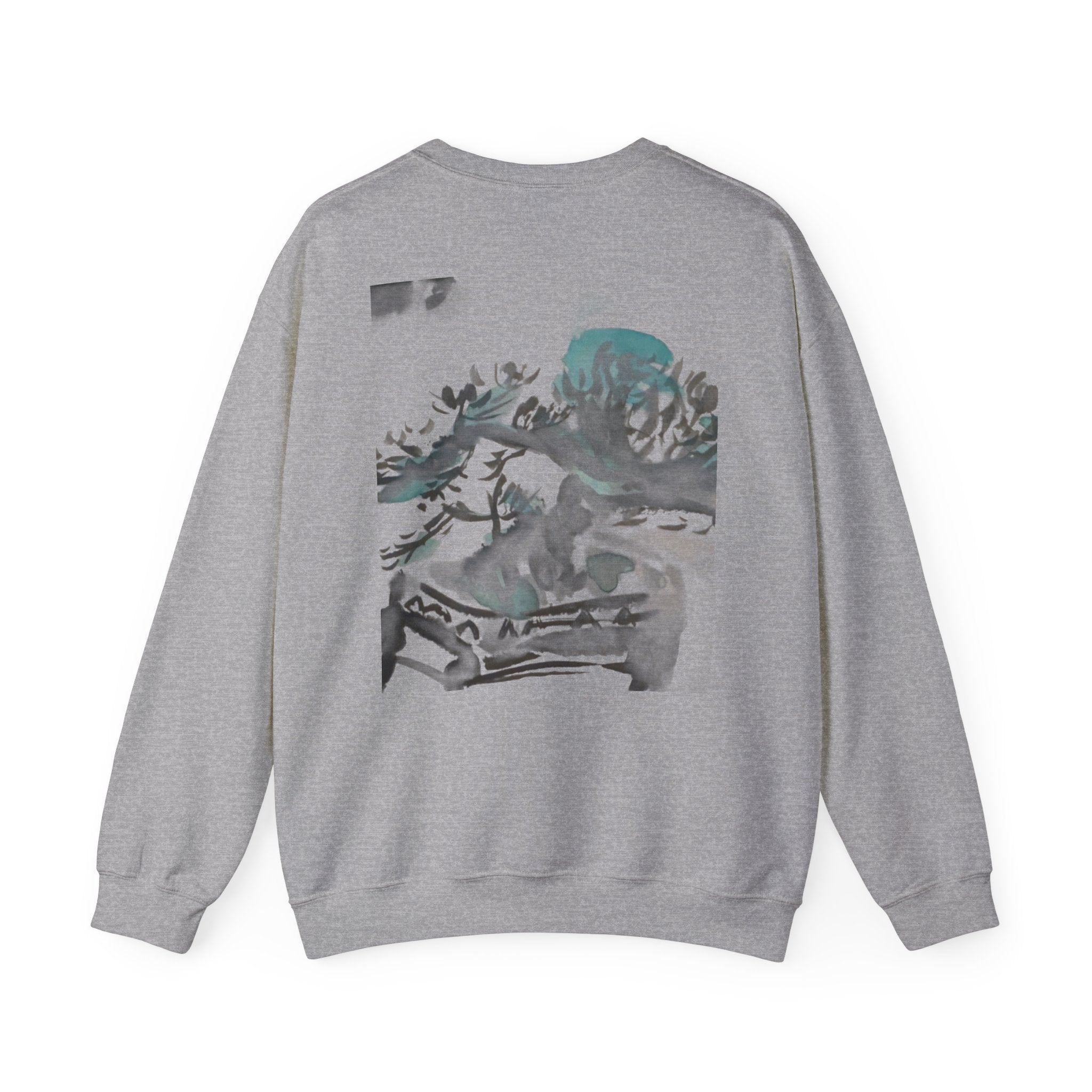 Crewneck Sweatshirt — Abstract Bonsai Ink Art Back Print, Minimal Chest Logo — NL