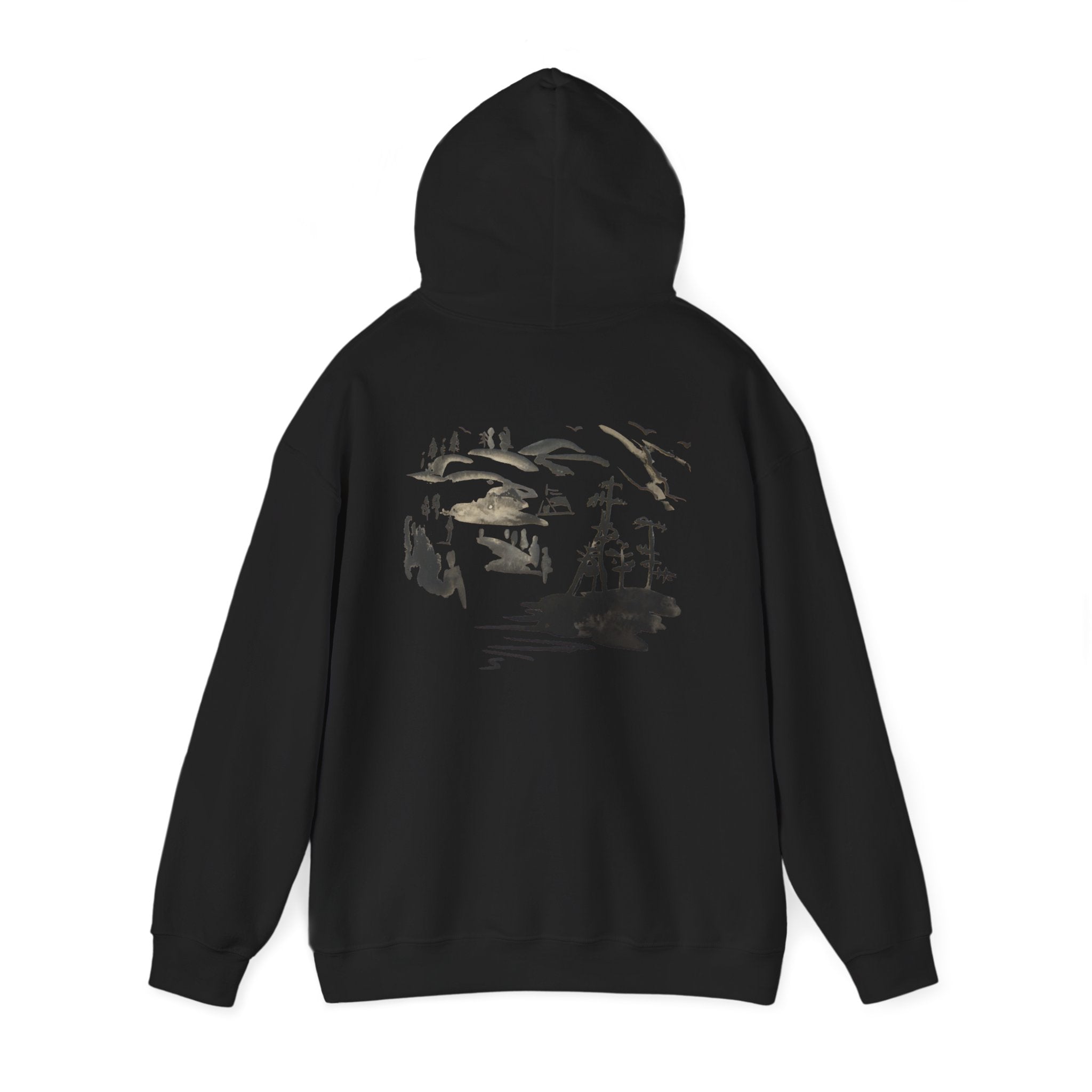 Scenic Ink Nature Hoodie — Minimal Lake & Mountains Graphic