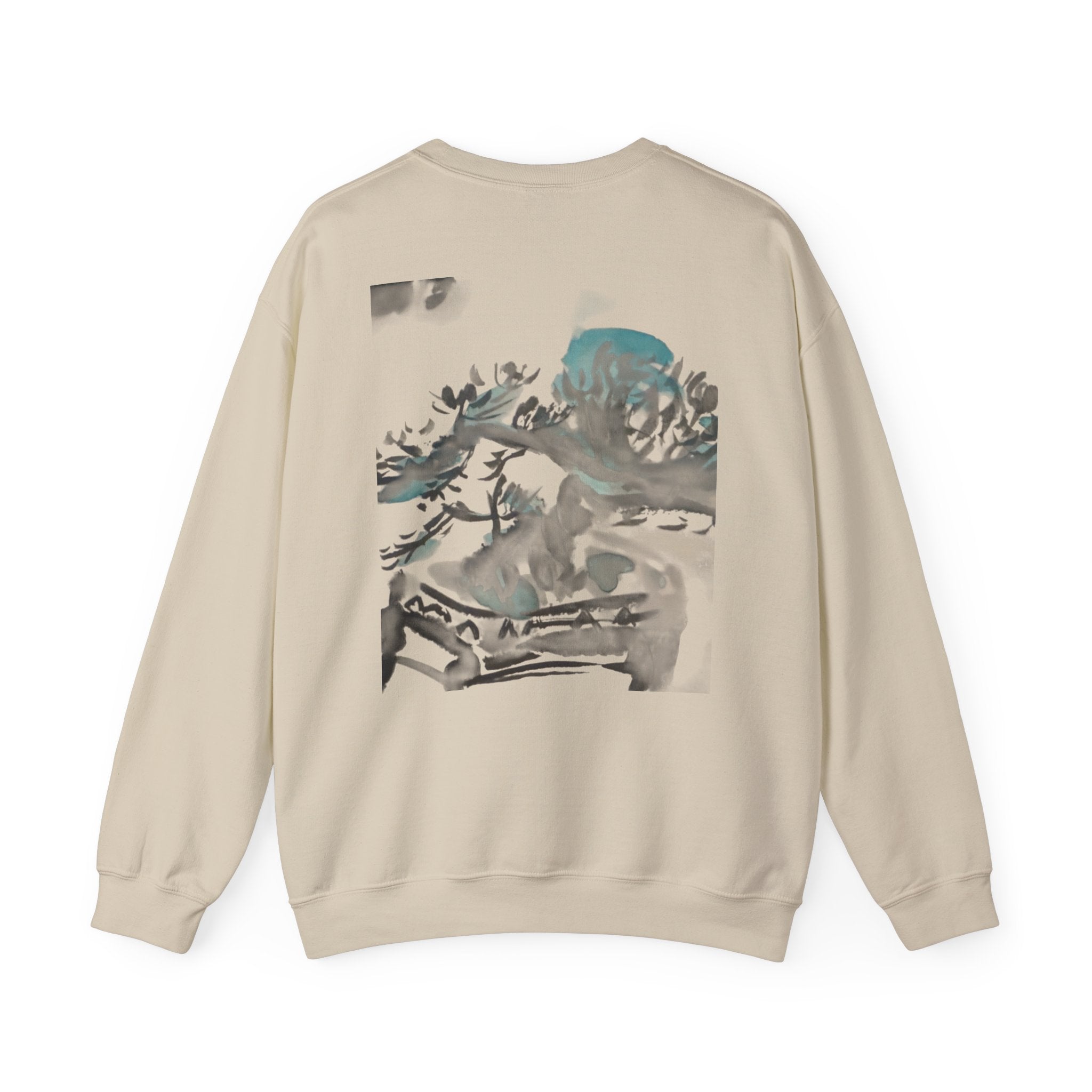 Crewneck Sweatshirt — Abstract Bonsai Ink Art Back Print, Minimal Chest Logo — NL