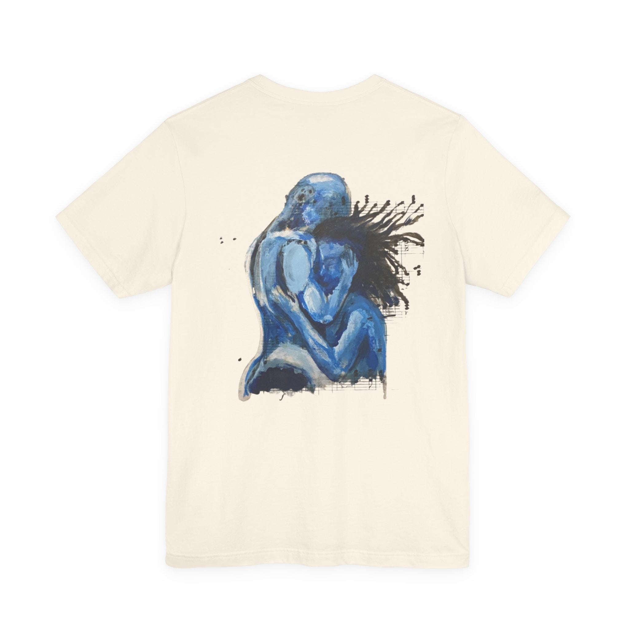 Blue Embrace Art Tee — Emotional Abstract Couple Graphic T-Shirt