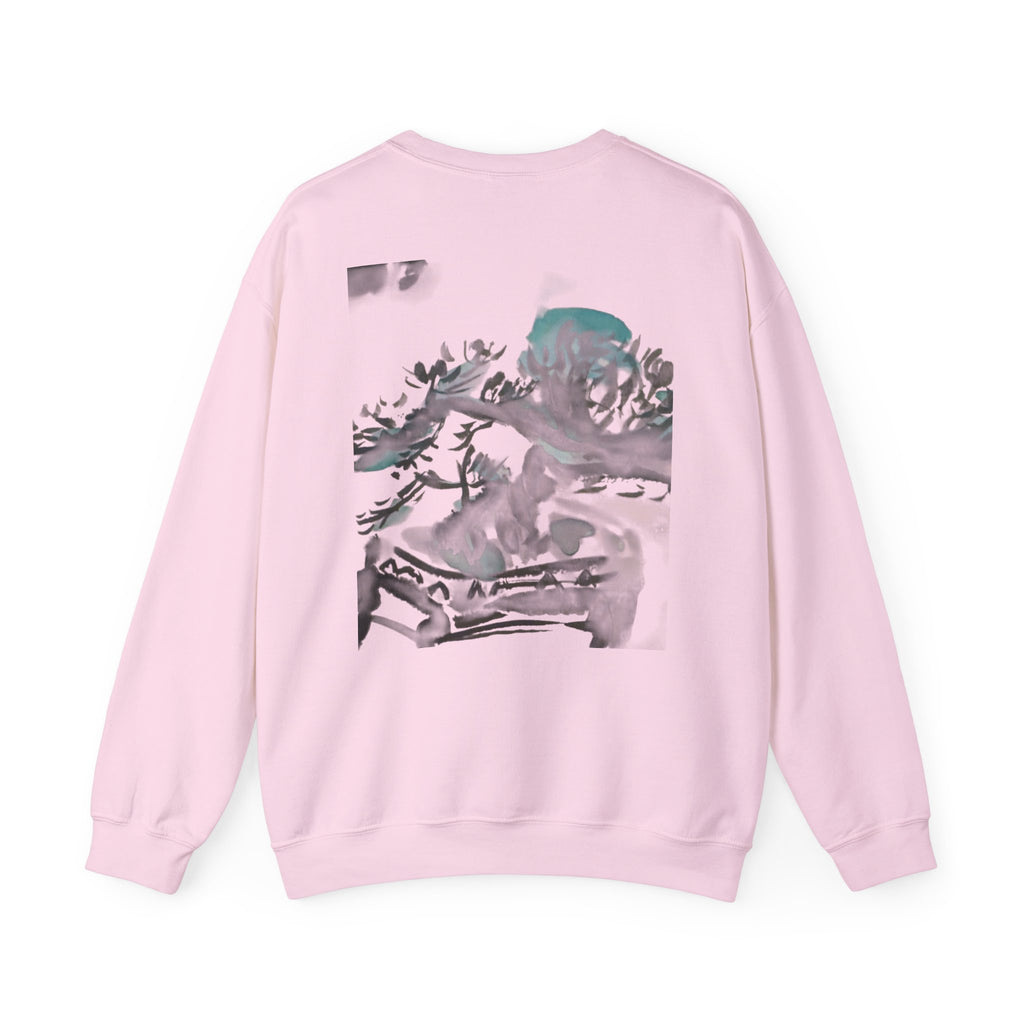 Crewneck Sweatshirt — Abstract Bonsai Ink Art Back Print, Minimal Chest Logo — NL