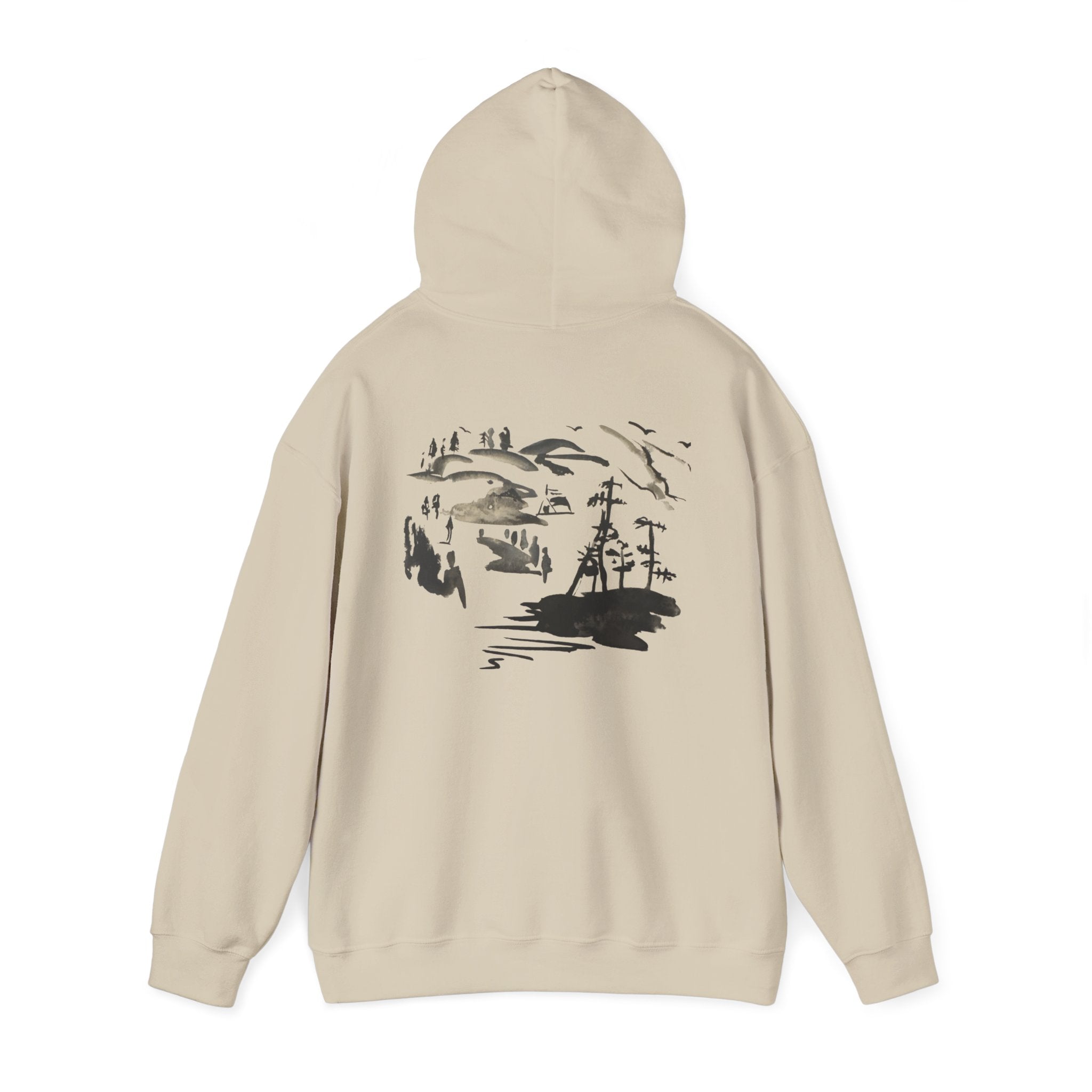 Scenic Ink Nature Hoodie — Minimal Lake & Mountains Graphic