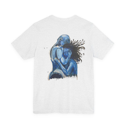 Blue Embrace Art Tee — Emotional Abstract Couple Graphic T-Shirt