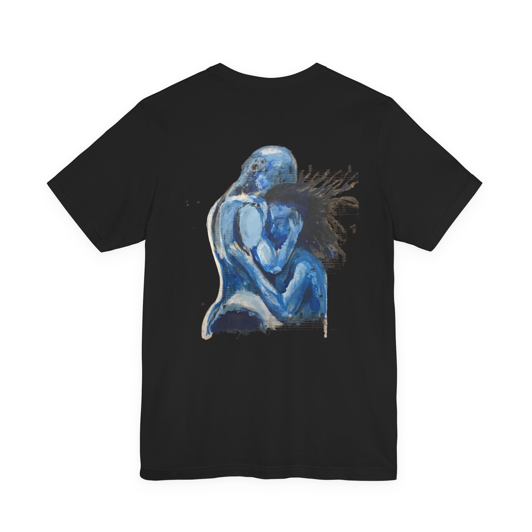 Blue Embrace Art Tee — Emotional Abstract Couple Graphic T-Shirt