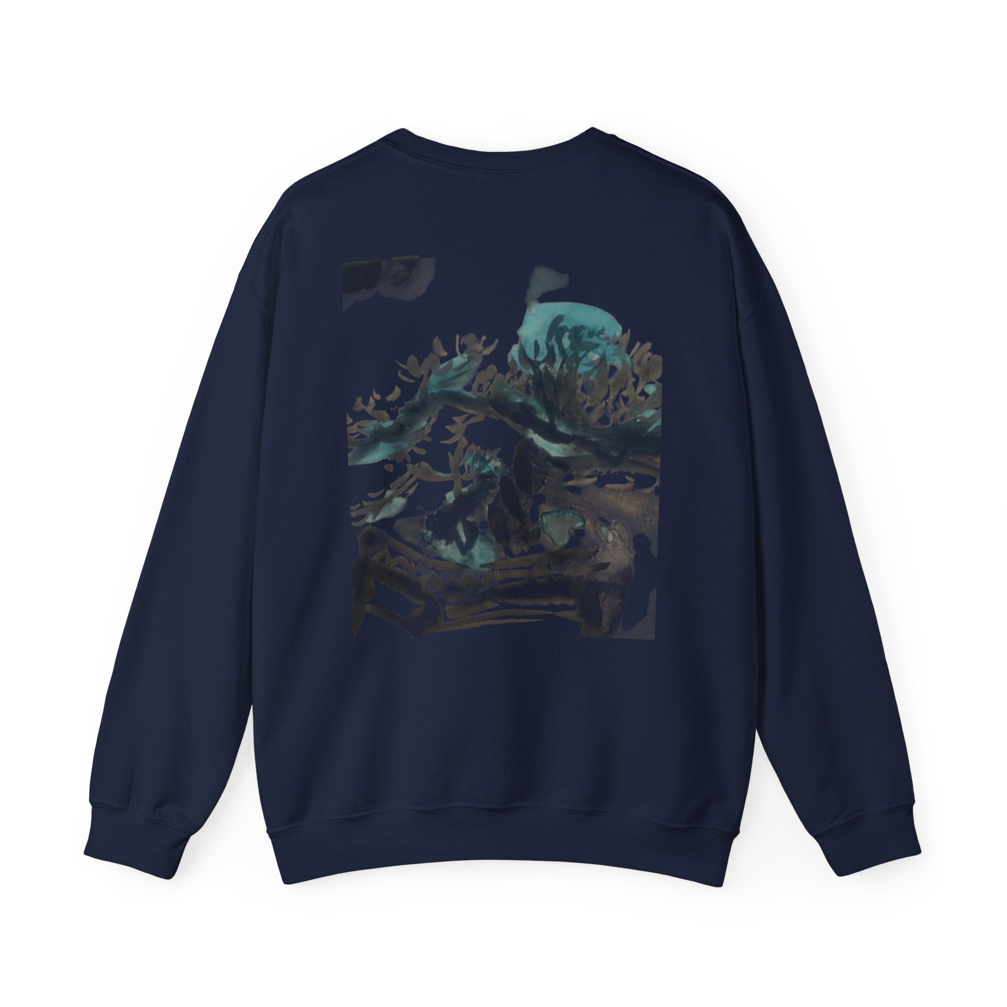 Crewneck Sweatshirt — Abstract Bonsai Ink Art Back Print, Minimal Chest Logo — NL