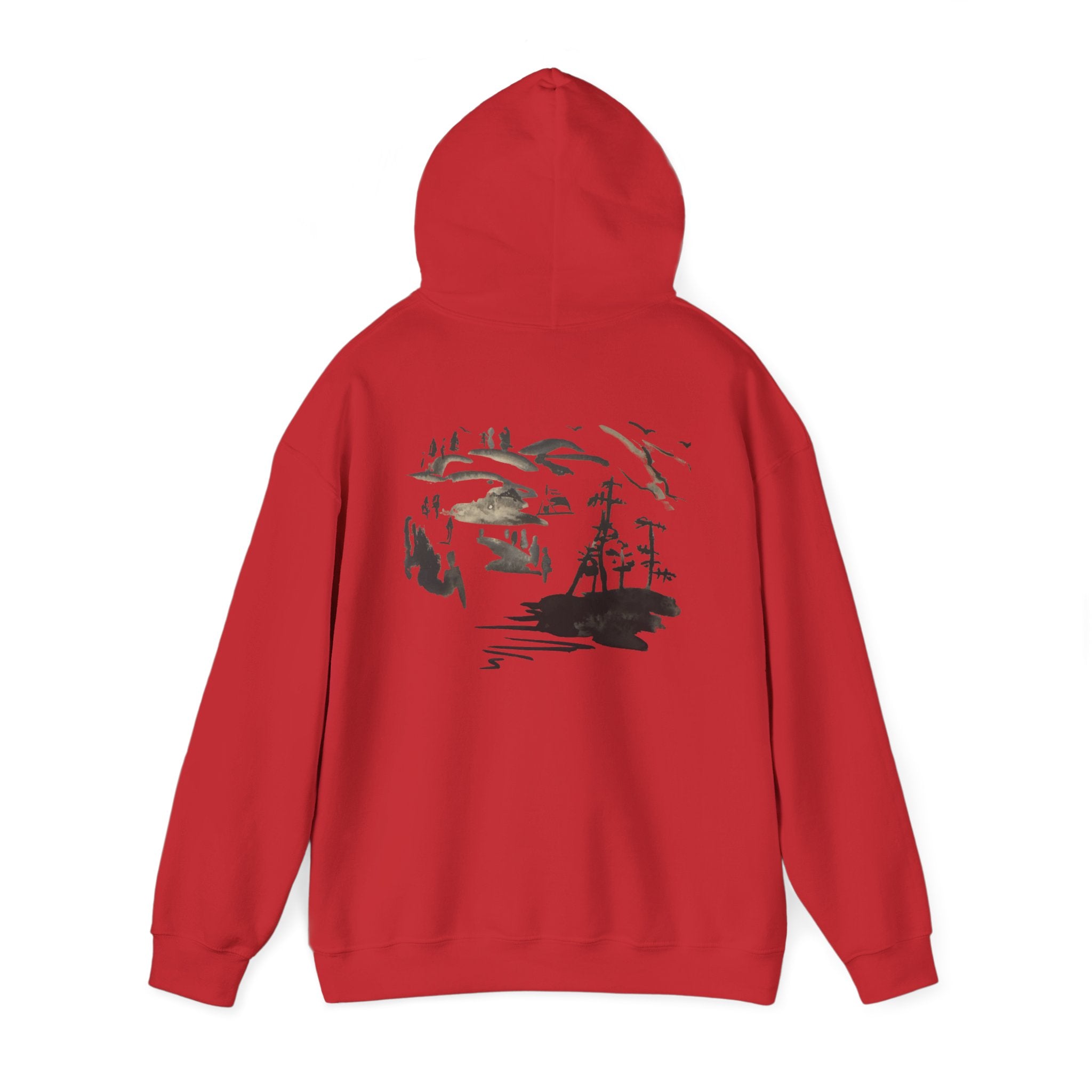 Scenic Ink Nature Hoodie — Minimal Lake & Mountains Graphic