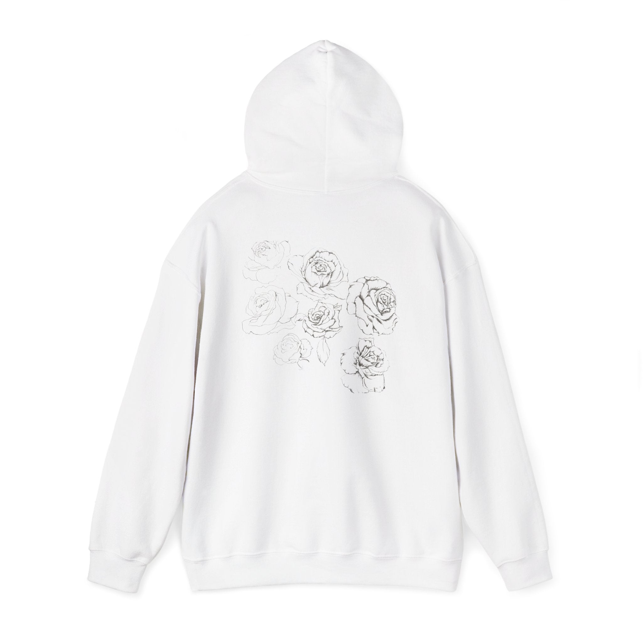 Floral Sketch Hoodie — Minimal Rose Back Print with Chest Logo — NL