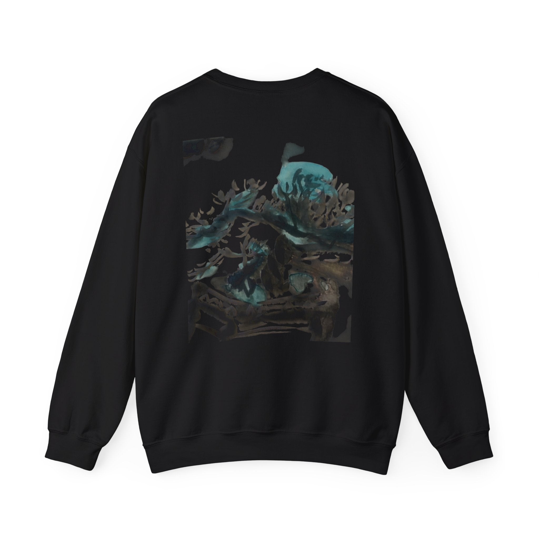 Crewneck Sweatshirt — Abstract Bonsai Ink Art Back Print, Minimal Chest Logo — NL