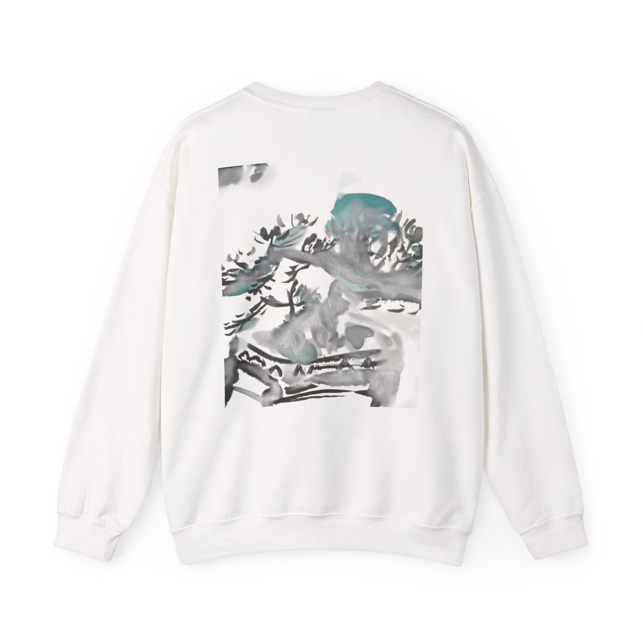 Crewneck Sweatshirt — Abstract Bonsai Ink Art Back Print, Minimal Chest Logo — NL