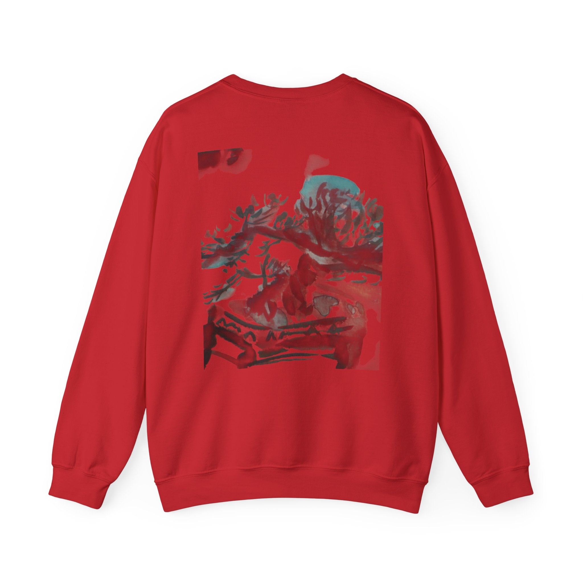 Crewneck Sweatshirt — Abstract Bonsai Ink Art Back Print, Minimal Chest Logo — NL