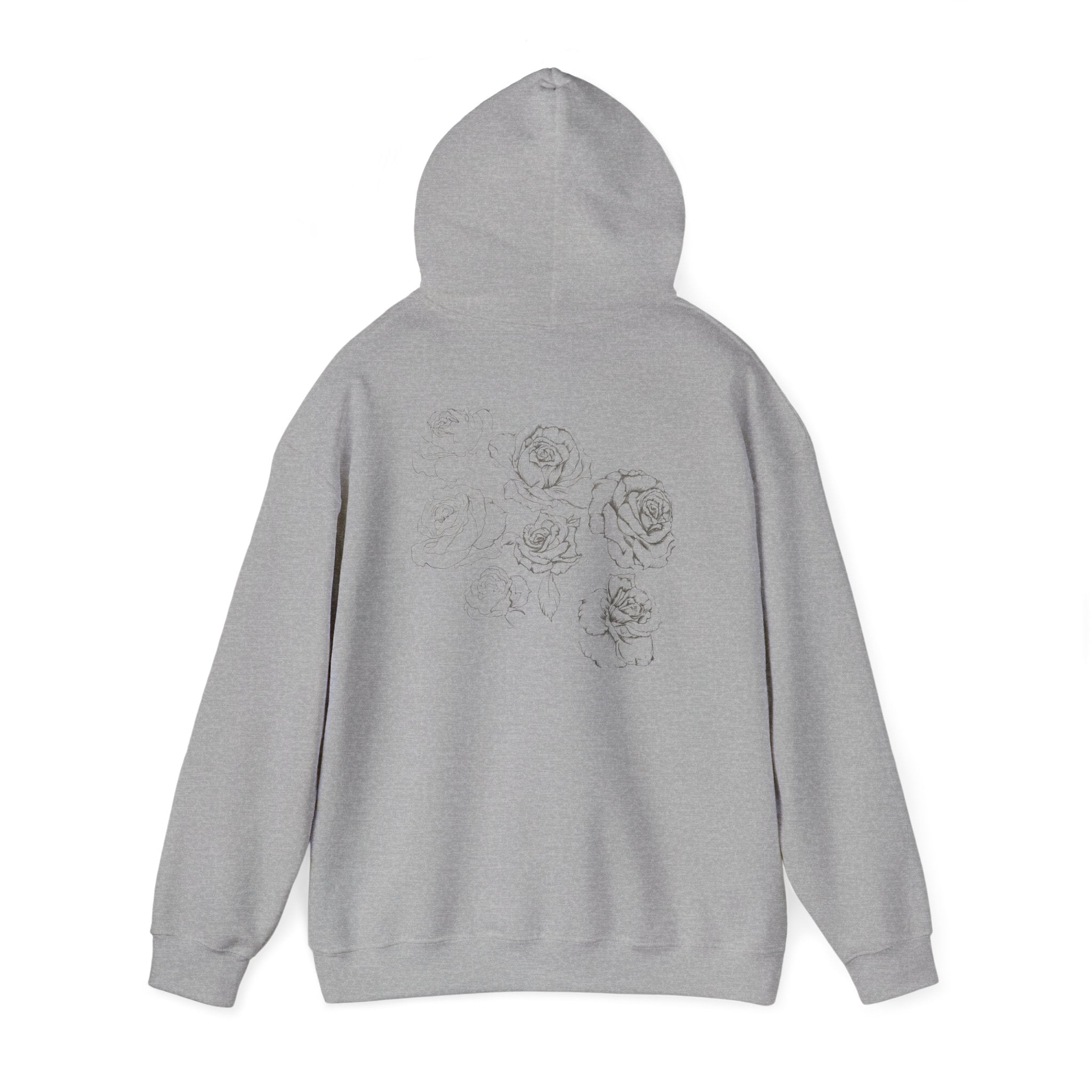 Floral Sketch Hoodie — Minimal Rose Back Print with Chest Logo — NL