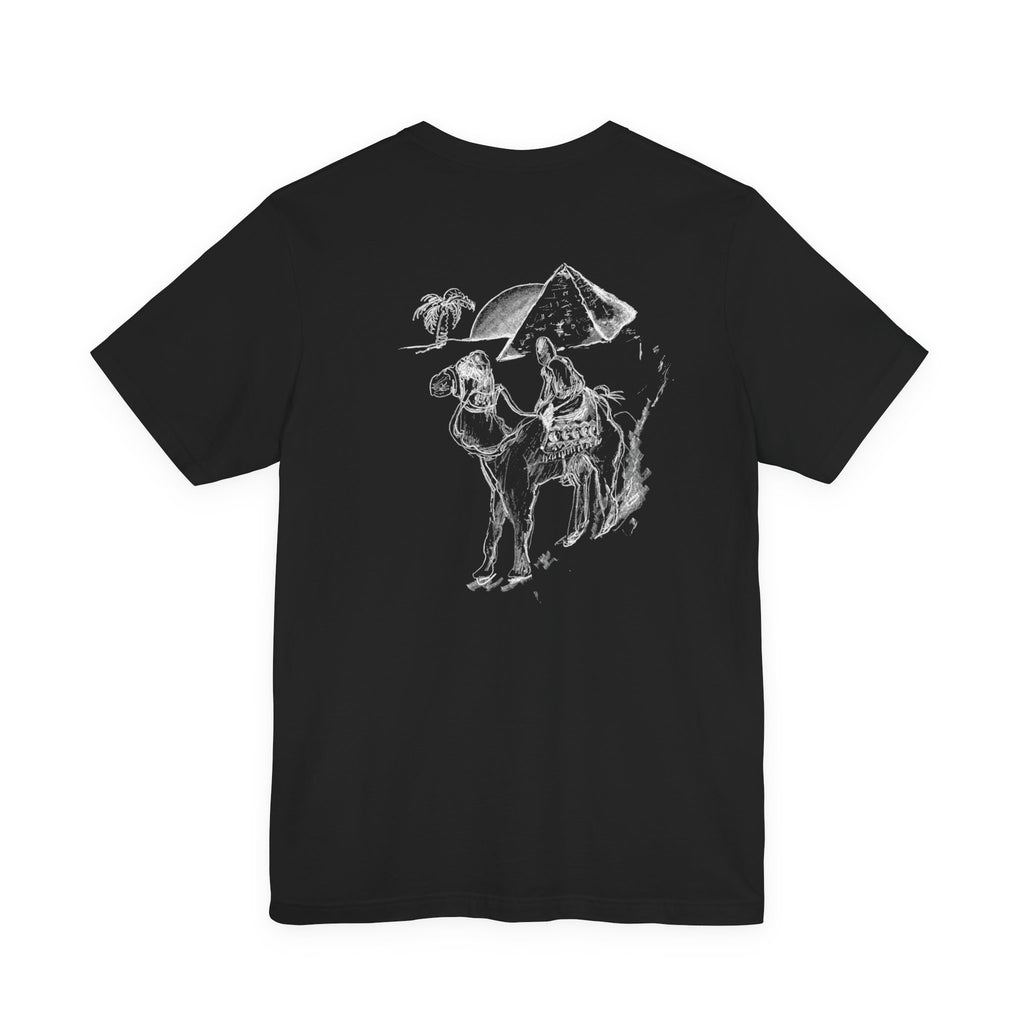 Desert Trek Graphic Tee — Camel & Pyramid Illustration T-Shirt