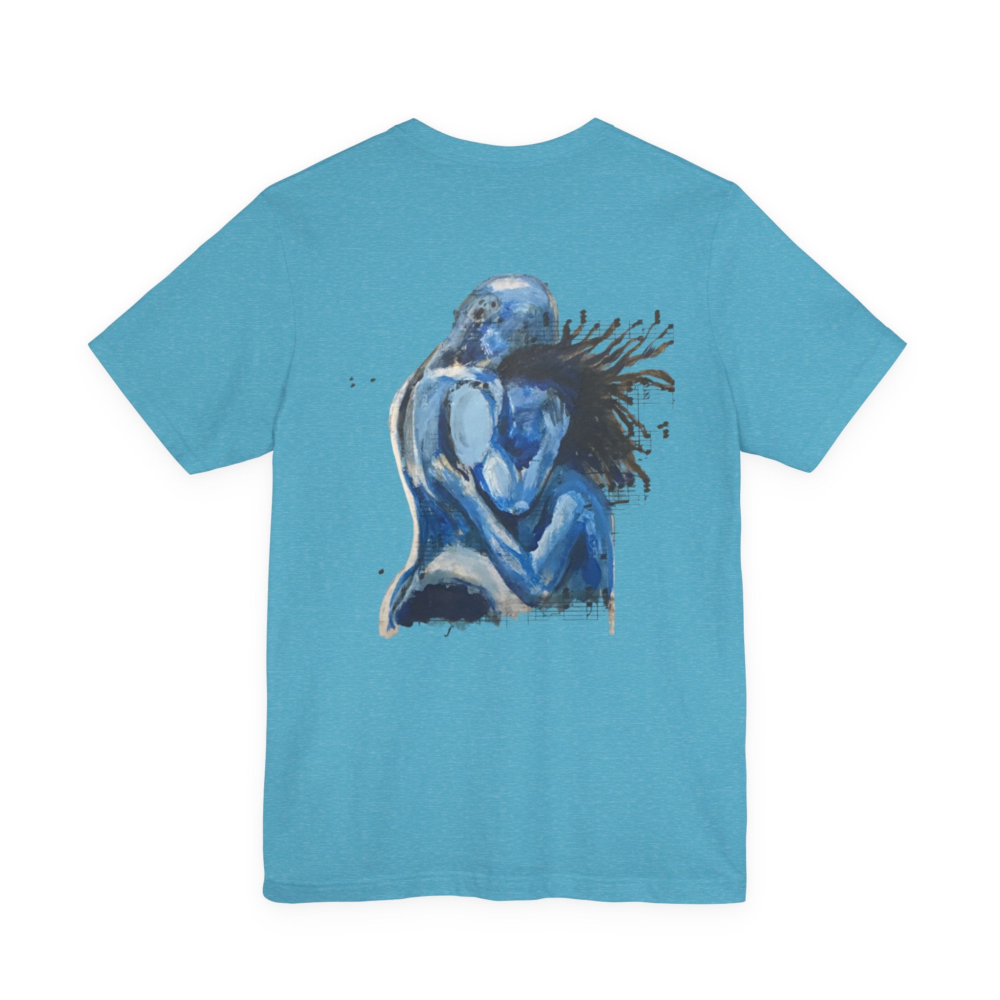 Blue Embrace Art Tee — Emotional Abstract Couple Graphic T-Shirt