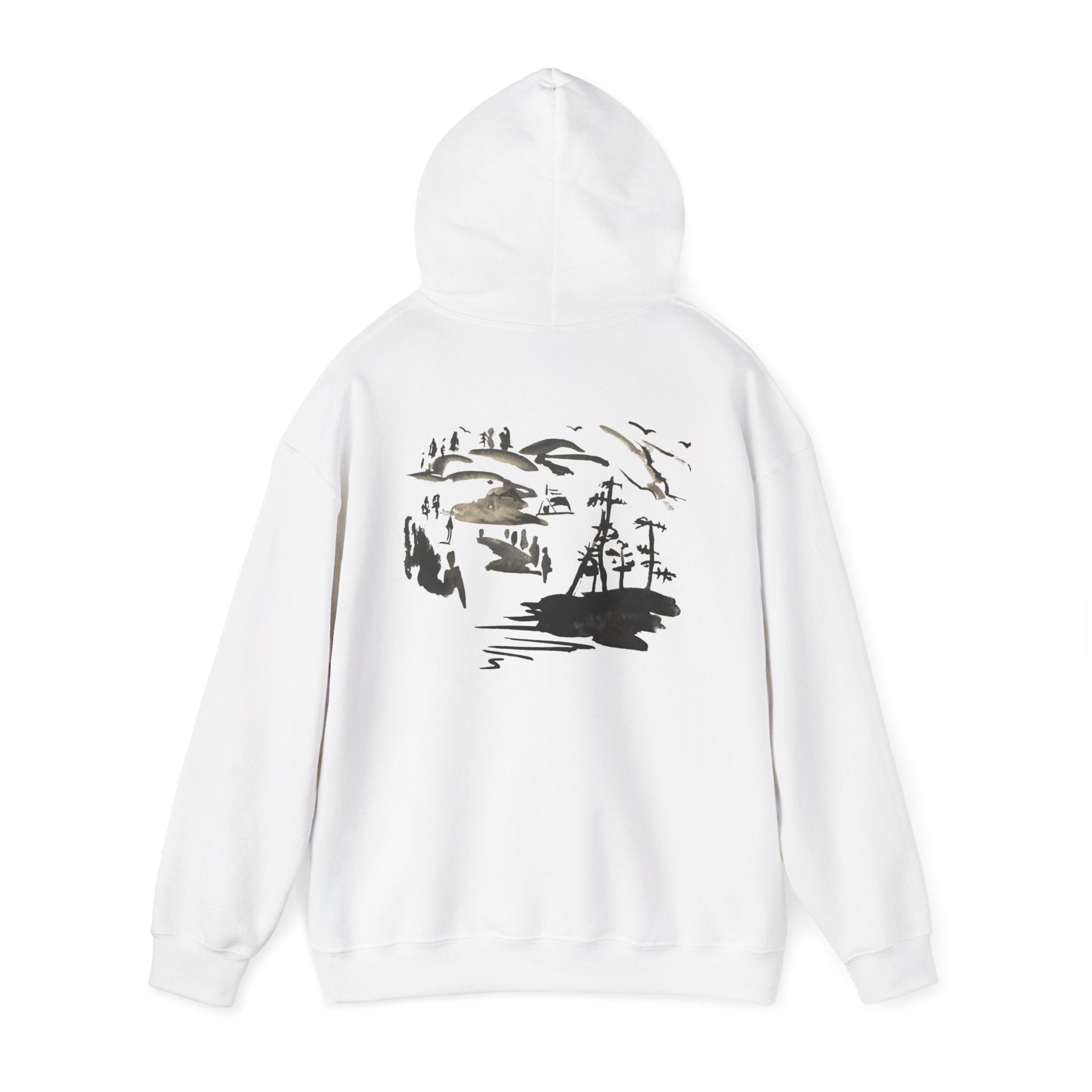Scenic Ink Nature Hoodie — Minimal Lake & Mountains Graphic