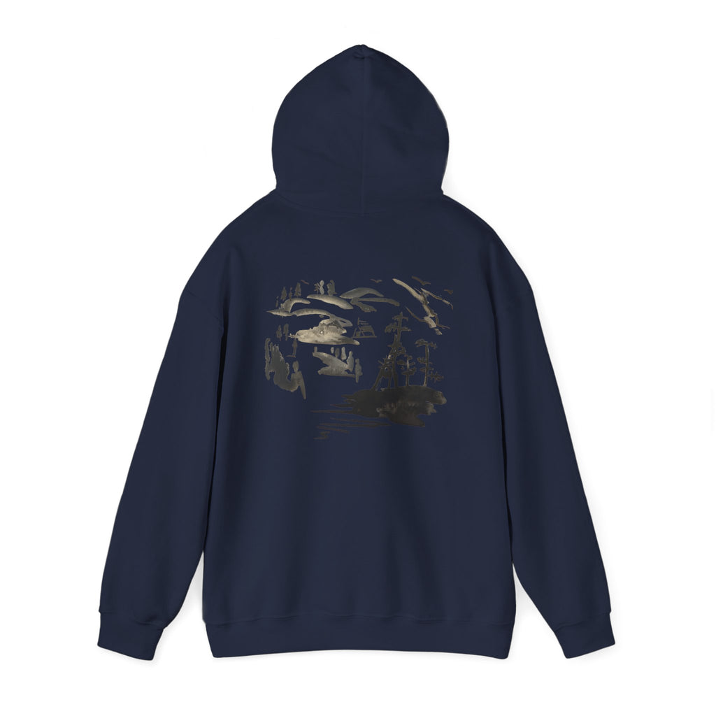 Scenic Ink Nature Hoodie — Minimal Lake & Mountains Graphic