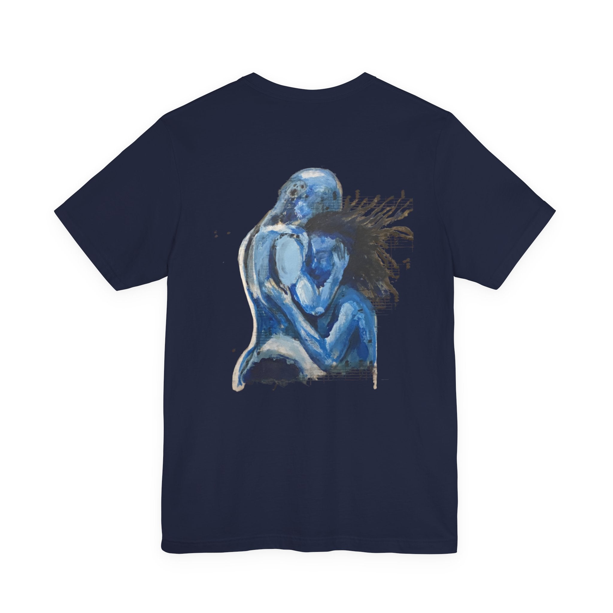 Blue Embrace Art Tee — Emotional Abstract Couple Graphic T-Shirt