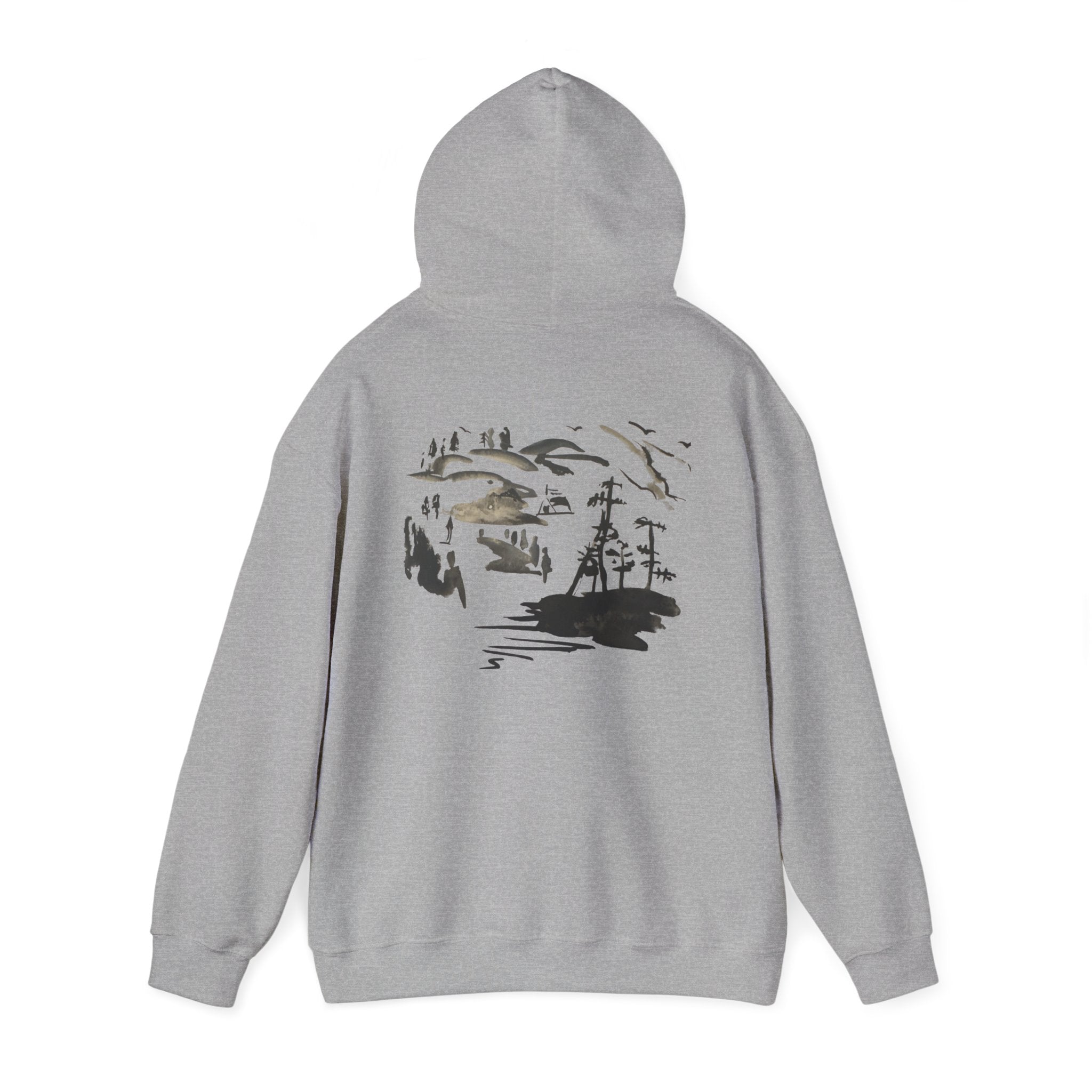 Scenic Ink Nature Hoodie — Minimal Lake & Mountains Graphic