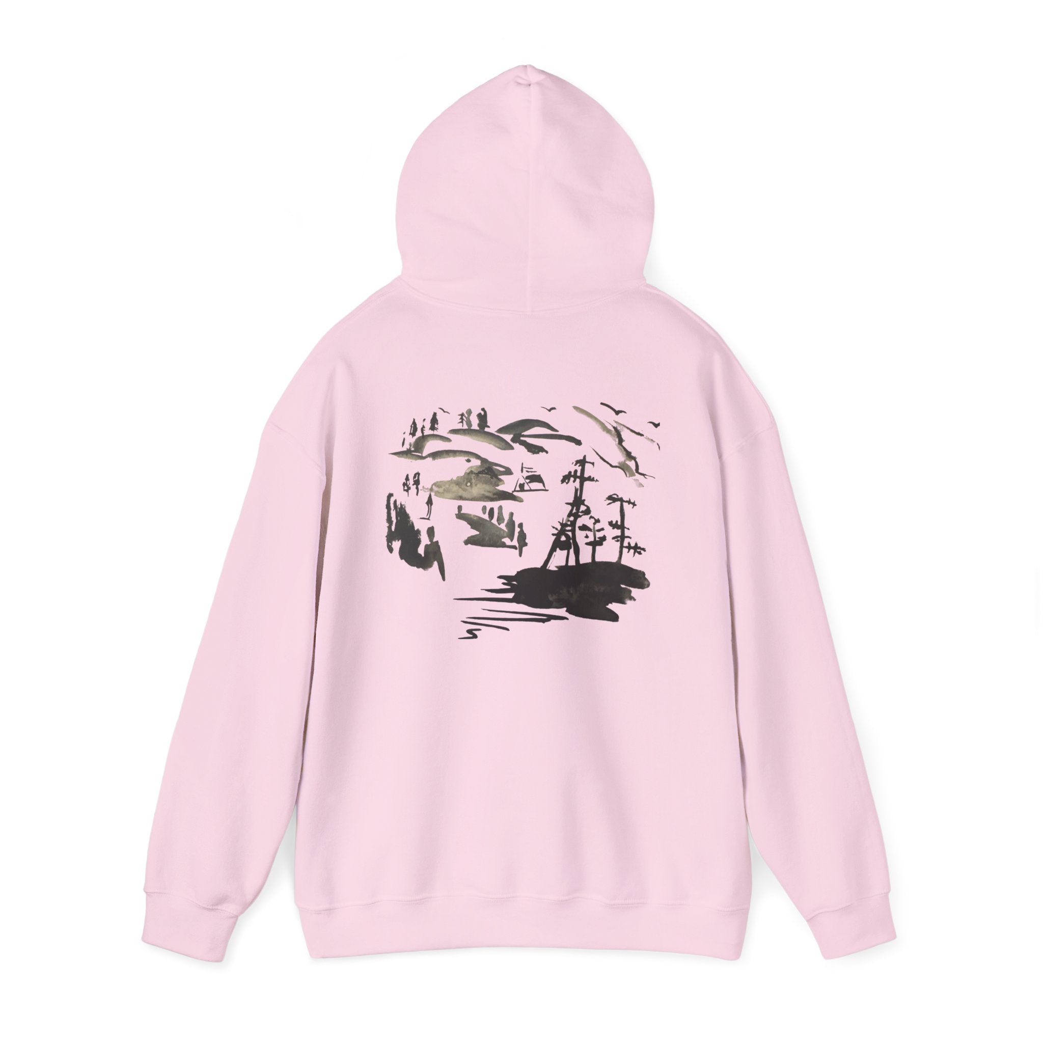 Scenic Ink Nature Hoodie — Minimal Lake & Mountains Graphic