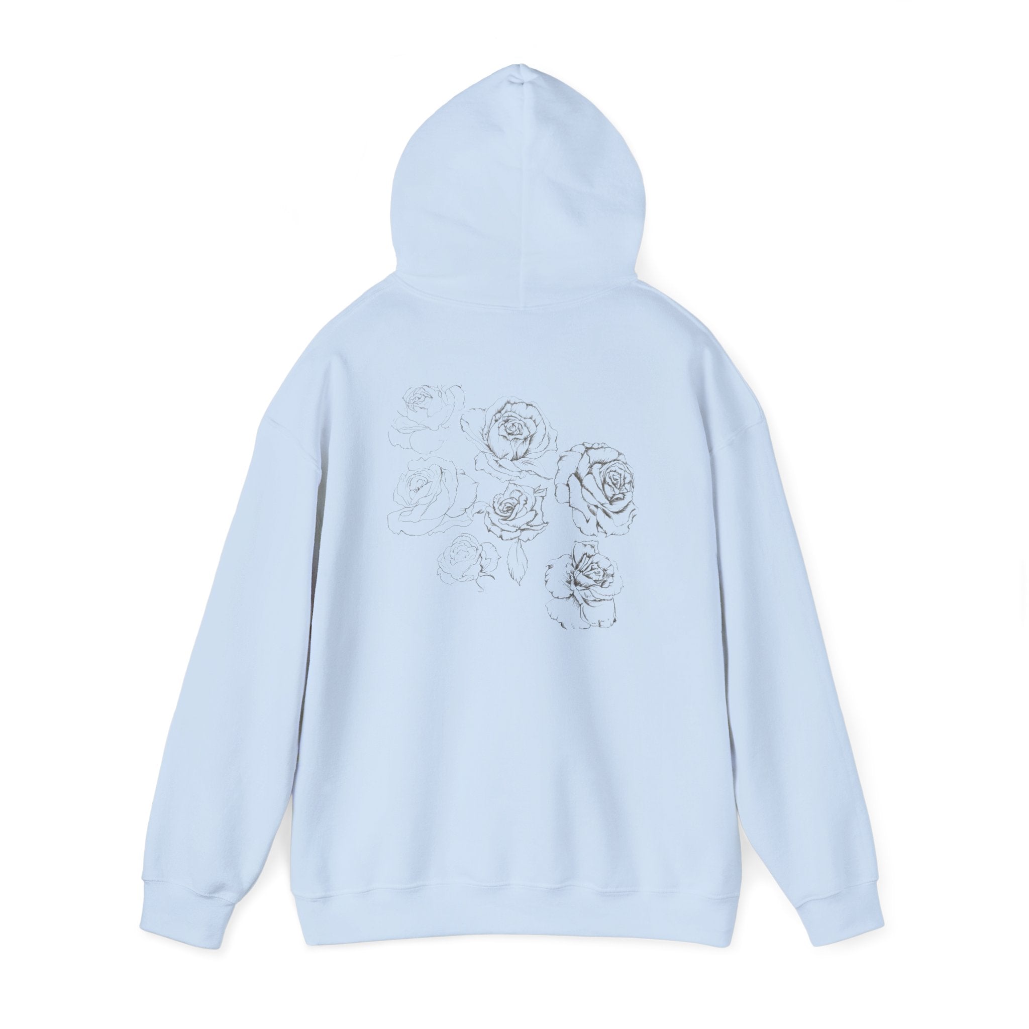 Floral Sketch Hoodie — Minimal Rose Back Print with Chest Logo — NL